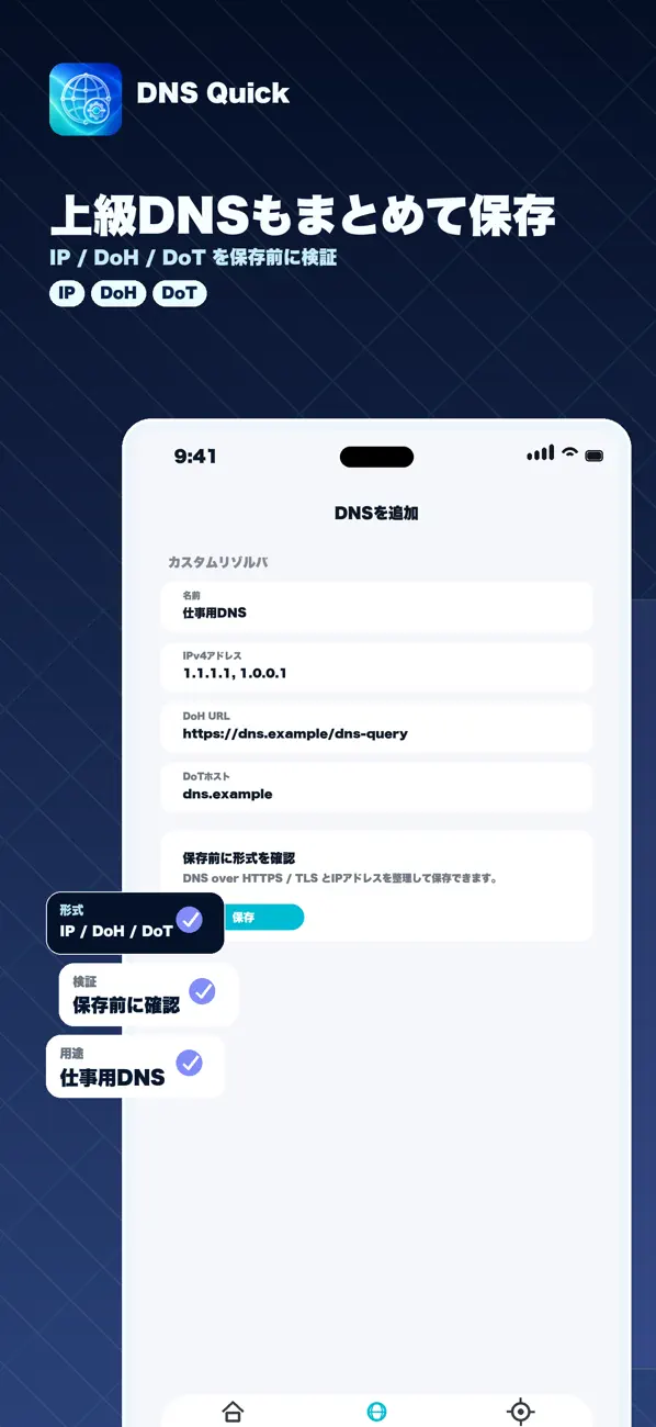 DNS Quick - カスタムDNSの設定画面